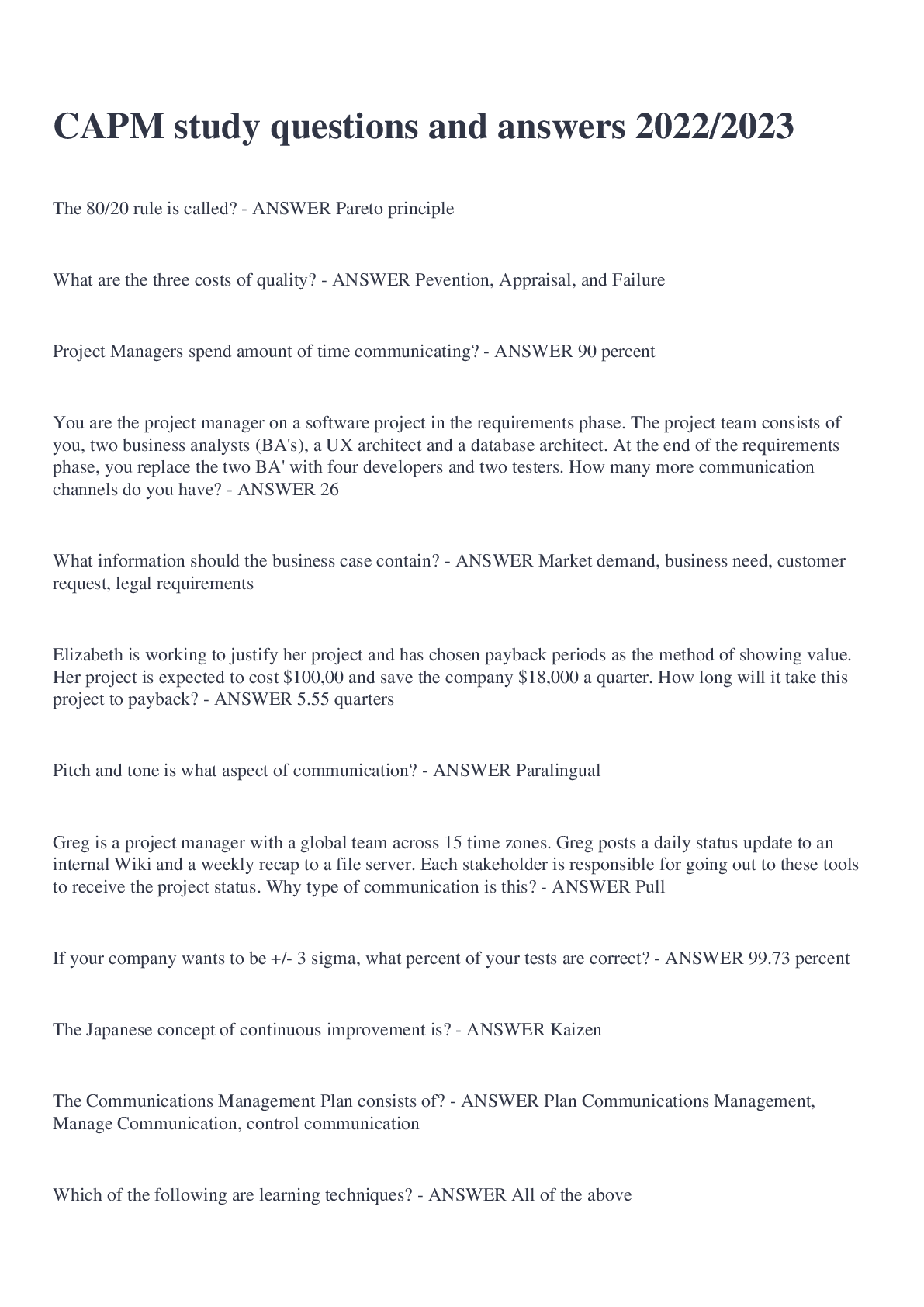 Preview image for CAPM study questions and answers 2022/2023